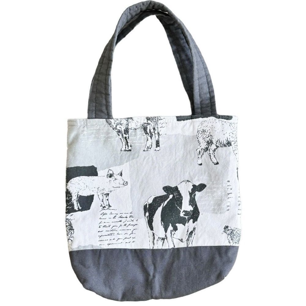 Mini Gray Farm Animal Cow Pig Sheep Pattern Fabric Tote Handbag Bag Purse.